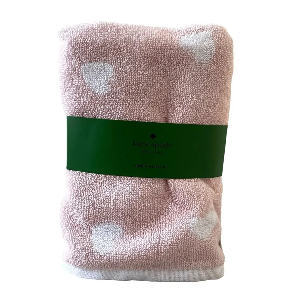 KATE SPADE Cotton Hand Towels Set of 2 Ballet Pink & White Hearts 18X28 NEW